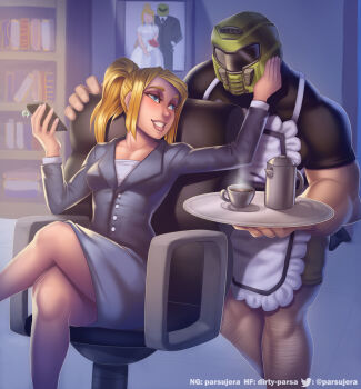 1boy 1girl alternate_costume apron arm_up armor bare_arms blonde_hair blue_eyes bride business_suit buttons cellphone chair coffee_pot commentary commission contemporary couple crossed_legs crossover cup day doom_(series) doomguy drink english_commentary enmaided fingernails formal_clothes groom hand_on_another's_cheek hand_on_another's_face hand_up helm helmet hetero high_ponytail highres holding holding_phone holding_tray indoors jacket leg_hair lips long_hair long_sleeves looking_at_another maid metroid metroid_(creature) metroid_larva mole mole_under_mouth muscular nintendo office_chair parsujera pencil_skirt phone photo_(object) ponytail samus_aran shirt short_sleeves sidelocks sitting skirt skirt_suit smartphone smile standing suit suit_jacket swivel_chair tray twitter_username watermark wedding_photo