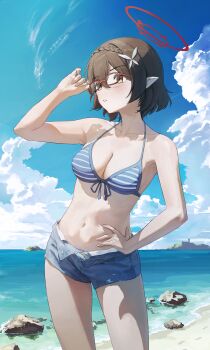 1girl absurdres ayane_(blue_archive) ayane_(swimsuit)_(blue_archive) beach bikini black_hair blue_archive blue_shorts breasts cloud commentary_request cumulonimbus_cloud day denim denim_shorts front-tie_bikini_top front-tie_top hair_ornament halo highres lao_wo medium_breasts navel ocean official_alternate_costume open_clothes open_shorts outdoors pointy_ears red-framed_eyewear red_halo short_hair short_shorts shorts solo standing striped_bikini striped_clothes swimsuit