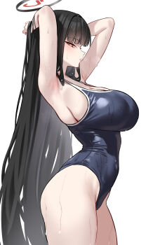 1girl absurdres alternate_costume armpits arms_up ass bare_arms bare_shoulders black_hair black_one-piece_swimsuit blue_archive blush breasts bright_pupils closed_mouth from_side halo highres large_breasts long_hair looking_at_viewer looking_to_the_side one-piece_swimsuit red_eyes rio_(blue_archive) shigure_s sideways_glance simple_background solo swimsuit very_long_hair wet white_pupils