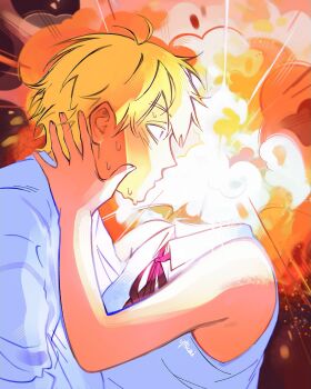 Rule 34 | 1boy, 1girl, ahoge, blonde hair, blue eyes, chainsaw man, collared shirt, commentary, denji (chainsaw man), english commentary, exploded head, explosion, grabbing another's head, hand on another's face, headless, hetero, highres, imminent kiss, long sleeves, neck ribbon, pink ribbon, profile, reze (chainsaw man), ribbon, shirt, short hair, signature, very short hair, white shirt, wide-eyed, ytskai00