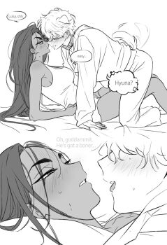 Rule 34 | 1boy, 1girl, alien stage, animal collar, animal ears, collar, commentary, dog boy, dog ears, dog tail, english text, greyscale, hashtag-only commentary, hetero, highres, hyuna (alien stage), long hair, lubya, luka (alien stage), monochrome, pants, shirt, short hair, tail, tail wagging, tank top, very short hair