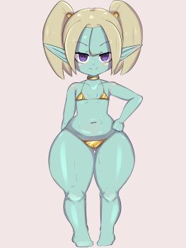 1girl aqua_skin bikini blush cameltoe closed_mouth collarbone colored_skin dot_nose dragon_ball dragon_ball_daima eyelashes female_focus flat_chest full_body gold_bikini grey_background grey_hair heart heart-shaped_pupils kyojiri_loli loli long_pointy_ears looking_at_viewer medium_hair naughty_face pansy_(dragon_ball_daima) pointy_ears purple_eyes simple_background smile solo standing symbol-shaped_pupils tenshio twintails wide_hips