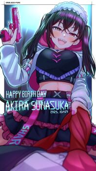 1girl absurdres alternate_breast_size_(larger) black_hair black_skirt black_suit breasts brown_hair character_name clothes_writing crop_top detached_sleeves dokudoku913 english_text formal_clothes frills gun hair_between_eyes handgun happy_birthday highres holding holding_gun holding_necktie holding_weapon idolmaster idolmaster_cinderella_girls medium_breasts midriff nail_polish navel_peek necktie official_alternate_costume open_mouth pink_skirt pov red_necktie sharp_teeth shirt skirt suit sunazuka_akira teeth twintails two-tone_skirt weapon white_shirt