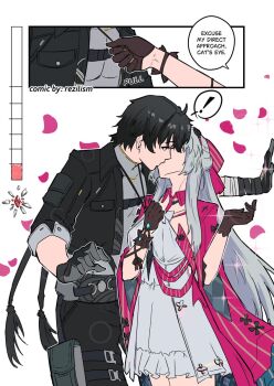! 1boy 1girl black_gloves black_hair black_jacket black_pants bow breasts carlotta_(wuthering_waves) commentary dress english_commentary english_text gloves grey_hair grey_shirt hair_bow hetero highres jacket kiss long_hair medium_breasts open_clothes open_jacket pants pink_bow pink_jacket pink_petals rezilism shirt spoken_exclamation_mark striped_bow white_dress wuthering_waves