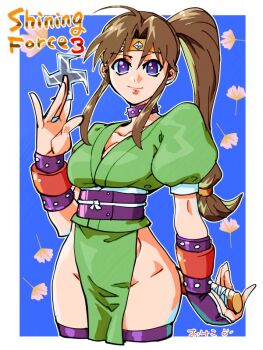 1girl blue_background breasts brown_hair cleavage closed_mouth collar copyright_name cowboy_shot cropped_legs english_text hand_up holding holding_weapon long_hair looking_at_viewer medium_breasts okeko ponytail purple_eyes shining_(series) shining_force_iii sidelocks solo spiked_collar spikes weapon