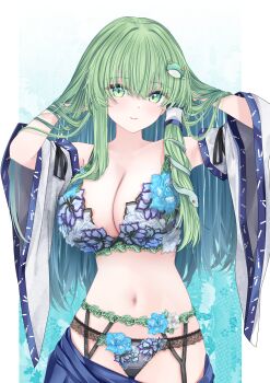 Rule 34 | 1girl, alternate costume, blue skirt, breasts, cleavage, closed mouth, clothes pull, commentary request, cowboy shot, detached sleeves, floral print, floral print bra, floral print panties, frog hair ornament, garter belt, green eyes, green hair, hair ornament, hair tubes, highres, kochiya sanae, large breasts, lingerie, long hair, looking at viewer, navel, panties, print panties, sarasadou dan, single hair tube, skirt, skirt pull, smile, snake hair ornament, solo, stomach, touhou, underwear