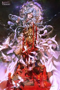 2girls 6+others absurdres ambiguous_gender behind_prayers_(infinity_nikki) bird black_hair black_sky blue_eyes blue_hair born_flawless_(infinity_nikki) candle circlet cloak commentary copyright_logo crown dress english_commentary entei_ryu expressionless fire floating_hair full_body gold_crown gown highres holding holding_candle infinity_nikki light_particles lipstick logo long_hair long_sleeves makeup multiple_girls multiple_others night night_sky nikki_(series) official_art outdoors poster_(object) realistic red_cloak red_lips second-party_source sky stairs star_(sky) thick_lips very_long_hair wavy_hair white_bird white_dress