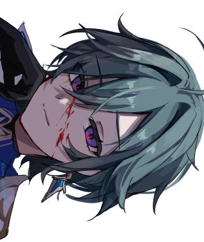 Rule 34 | 1boy, black gloves, blood, blood on face, blood splatter, blue hair, blue shirt, closed mouth, collared shirt, commentary request, double-parted bangs, genshin impact, gloves, hair between eyes, haru sakura3915, head rest, highres, lohen (genshin impact), male focus, multicolored eyes, shirt, simple background, smile, solo, white background, wing collar