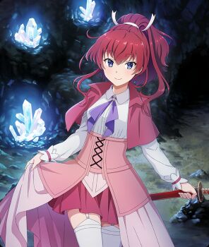 Rule 34 | 1girl, blue eyes, blush, brooch, capelet, cave, closed mouth, corset, cosplay, cowboy shot, crystal, dungeon ni deai wo motomeru no wa machigatteiru darou ka, game cg, garter straps, hair ribbon, high ponytail, holding, holding sword, holding weapon, jewelry, katana, konohana suzuka, lefiya viridis, lefiya viridis (cosplay), looking at viewer, medium hair, official art, pink corset, pink skirt, ponytail, purple ribbon, red capelet, red hair, ribbon, shirt, showgirl skirt, skirt, skirt hold, smile, solo, star (symbol), star brooch, sword, thighhighs, third-party source, toji no miko, toji no miko: kizamishi issen no tomoshibi, weapon, white garter straps, white ribbon, white shirt, white thighhighs