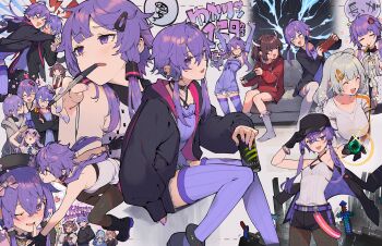 &gt;_&lt; 1boy 6+girls :d adjusting_another&#039;s_hair ahoge arms_up black_footwear black_gloves black_headwear black_jacket black_pantyhose blush bracelet braid brother_and_sister brown_hair can choker couch dress earclip elbow_gloves enderman eye_of_ender fingerless_gloves gloves grey_hair hair_between_eyes hair_ornament handheld_game_console headpat heart highres holding holding_can holding_handheld_game_console holding_pen hood hood_down hug jacket jewelry kizuna_akari kneehighs kotonoha_akane kotonoha_aoi long_hair long_sleeves minecraft minecraft_sword multiple_girls multiple_views nail_polish o-ring o-ring_choker on_couch one_eye_closed open_clothes open_jacket open_mouth pantyhose pen purple_dress purple_eyes purple_gloves purple_hair purple_nails purple_thighhighs shirinda_fureiru shirt short_dress short_hair_with_long_locks siblings sidelocks sitting smile socks sword thighhighs touhoku_kiritan twin_braids voiceroid white_shirt white_socks white_thighhighs xd yuzuki_yukari yuzuki_yukari&#039;s_younger_twin_brother yuzuki_yukari_(a.i._voice) yuzuki_yukari_(nagi) yuzuki_yukari_(shizuku) zettai_ryouiki