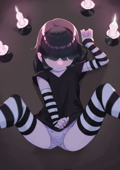 1girl absurdres black_hair black_shirt black_sleeves black_thighhighs blunt_bangs blush candle candlestand commentary_request dekasuji detached_sleeves facing_viewer female_focus from_above hair_over_eyes hand_up highres large_variant_set loli lucy_loud lying on_back pale_skin panties purple_panties shirt shirt_tug short_hair short_sleeves skull_print sleeves_past_wrists smile solo striped_clothes striped_sleeves striped_thighhighs the_loud_house thighhighs thighs underwear v-neck variant_set white_sleeves white_thighhighs