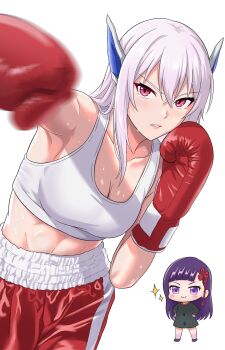 2girls absurdres armpit_crease blunt_bangs boxing boxing_gloves boxing_shorts breasts chibi collar commentary cowboy_shot crop_top crossed_bangs deku2171 double-parted_bangs english_commentary gloves hair_between_eyes hair_ornament hands_on_own_hips highres kanzashi large_breasts long_hair long_single_sidelock looking_at_viewer mato_seihei_no_slave midriff motion_blur multiple_girls muscular muscular_female navel parted_lips pink_lips punching purple_eyes purple_hair red_eyes red_gloves red_shorts shorts simple_background smile solo_focus sparkle tank_top tsurime uzen_kyouka v-shaped_eyebrows white_background white_hair white_tank_top yamashiro_ren