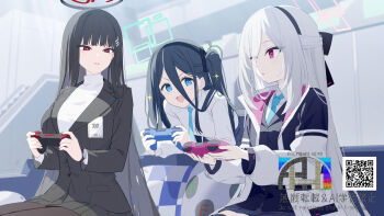 aris_(blue_archive) black_hair black_pantyhose blue_archive breasts commentary_request controller couch game_controller gotyou halo kei_(blue_archive) kei_(new_body)_(blue_archive) large_breasts necktie pantyhose playing_games rio_(blue_archive) school_uniform shirt small_breasts smile t-shirt white_hair