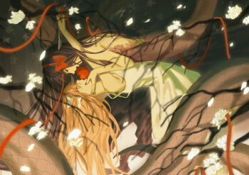 absurdres akemi_homura akuma_homura apple backstab bare_shoulders black_hair bow branch dress flower food fruit hair_bow hand_on_another&#039;s_face highres holding holding_sword holding_weapon kaname_madoka kiss lamia long_hair mahou_shoujo_madoka_magica mahou_shoujo_madoka_magica:_hangyaku_no_monogatari mahou_shoujo_madoka_magica_(anime) monster_girl pink_hair pointing_melee_weapon pointing_sword red_bow red_ribbon ribbon scales sleeveless spaghetti_strap sword tail two_side_up ultimate_madoka weapon white_bow white_dress white_flower yayaziiii yuri