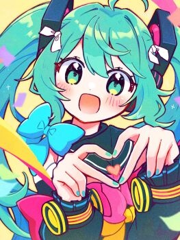 Rule 34 | 1girl, :d, ahoge, aoiyui, bare shoulders, blue bow, blurry, blurry foreground, blush, bow, commentary request, confetti, dot nose, double-parted bangs, four-finger heart hands, frilled sleeves, frills, green eyes, green hair, green nails, grin, hair between eyes, hair intakes, hair ornament, hands up, hatsune miku, heart, heart hands, heart in heart hands, highres, long hair, long sleeves, looking at viewer, magical mirai (vocaloid), magical mirai miku, magical mirai miku (2018), nail polish, open mouth, pink bow, shirt, simple background, sleeves past wrists, smile, solo, twintails, upper body, vocaloid, yellow background, yellow shirt
