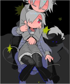 1boy 1girl animal_ears black_background black_pants closed_eyes closed_mouth dress expressionless full_body grey_dress grey_shirt hair_over_one_eye hug hug_from_behind jacket long_sleeves mk1liaoqian mouse_tail open_clothes original pants red_eyes shirt short_hair sitting star_(symbol) tail white_hair