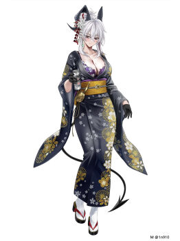 1girl alternate_costume black_gloves black_horns black_kimono blush breasts can chinese_commentary cleavage closed_mouth collarbone commentary_request curled_horns earrings floral_print floral_print_kimono flower full_body gloves hair_between_eyes hair_flower hair_ornament hand_up highres holding holding_can horns japanese_clothes jewelry key_earrings kimono large_breasts looking_at_viewer m_(1n910) mole mole_on_breast obi print_kimono red_eyes sash simple_background solo standing twitter_username white_background white_flower white_hair wuthering_waves yellow_sash zani_(wuthering_waves)