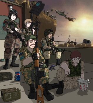 6+boys aircraft american_flag ammunition_box bi0hazard_houshasen black_boots black_gloves black_hair boots brown_hair camouflage can chumtoad cigarette combat_helmet combine_gunship desert_camouflage drink_can facial_hair fingerless_gloves gloves grin gun half-life half-life_(series) half-life_1 half-life_2 helicopter helmet highres holding holding_gun holding_weapon knee_pads male_focus military multiple_boys mustache original oyster_pail people&#039;s_republic_of_china_flag pepsi red_hair rifle rocket_launcher russian_flag sitting smile sniper_rifle soda_can soldier tongue tongue_out wasteland_scanner weapon weapon_request