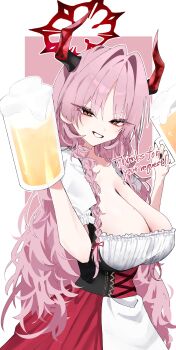 Rule 34 | 1girl, absurdres, alcohol, alternate costume, barmaid, beer, beer mug, blue archive, blush, breasts, cleavage, commentary request, cup, demon horns, dirndl, english text, german clothes, highres, holding, horns, large breasts, long hair, looking at viewer, mo2upoyo, mole, mole on breast, mug, oktoberfest, pink hair, satsuki (blue archive), smile, solo