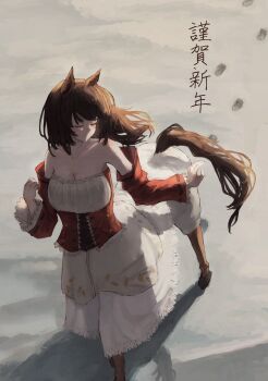 1girl absurdres animal_ears bandeau bare_shoulders breasts brown_hair centaur chinese_zodiac cleavage closed_mouth collarbone commentary_request corset detached_sleeves floating_hair footprints full_body hair_between_eyes highres hooves horse_ears horse_tail kogarasistar large_breasts long_hair long_skirt monster_girl multiple_legs nengajou new_year original red_corset red_sleeves shadow shorts sidelocks skirt snow solo standing tail taur translation_request white_bandeau white_shorts white_skirt year_of_the_horse