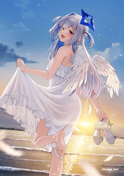 1girl :d alternate_costume amane_kanata angel_wings barefoot beach bilingual_commentary blue_hair blue_halo blue_nails casino_(casinoep) chinese_commentary colored_inner_hair commentary commentary_request day dress english_commentary falling_feathers feathered_wings feathers frilled_dress frills from_behind grey_hair halo highres holding holding_sandals hololive looking_at_viewer looking_back mixed-language_commentary multicolored_hair nail_polish open_mouth outdoors paid_reward_available pink_streaks purple_eyes sandals see-through_silhouette single_hair_intake skirt_hold sleeveless sleeveless_dress smile soles spaghetti_strap star_halo sundress sunrise tilted_halo toenail_polish toenails toes two_side_up virtual_graduation_commemoration virtual_youtuber white_dress white_wings wings