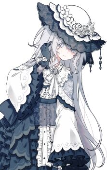 1girl absurdres adjusting_hair black_gloves brooch center_frills closed_mouth cowboy_shot dress flower frilled_dress frilled_sleeves frills gloves grey_hair hand_up hat hat_flower highres jewelry leaning_to_the_side long_hair long_sleeves looking_at_viewer mahou_shoujo_no_majo_saiban migolu neck_ribbon ribbon simple_background smile solo spoilers standing tsukishiro_yuki white_background white_dress white_flower white_hair white_hat white_ribbon