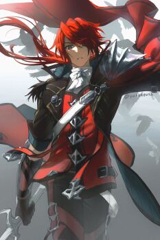 1boy armor black_gloves closed_mouth coat crimson_king_(ys) gloves gradient_background grey_background grey_eyes hair_over_one_eye high_collar highres holding holding_sword holding_weapon long_hair looking_at_viewer male_focus ponytail red_hair shoulder_armor solo sword weapon ys ys_ix:_monstrum_nox yusaazusa