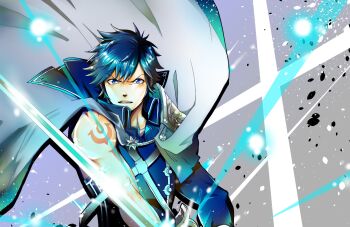 Rule 34 | 1boy, arm tattoo, cape, chrom (fire emblem), commentary, falchion (fire emblem), fire emblem, fire emblem awakening, floating hair, glowing, glowing sword, glowing weapon, grey background, highres, holding, holding sword, holding weapon, looking at viewer, male focus, nintendo, short hair, single sleeve, solo, sword, tattoo, weapon, white cape, yuya (euky8335)