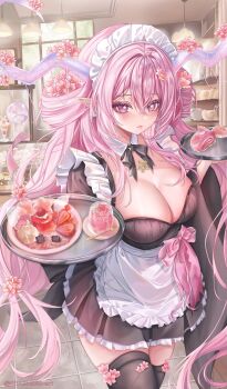 Rule 34 | 1girl, antlers, apron, black dress, black ribbon, black thighhighs, blossum (vtuber), breasts, cleavage, collar, commentary, detached collar, dress, eyelashes, flower, food, hair flower, hair ornament, highres, horns, indie virtual youtuber, krashena, long hair, maid headdress, pink eyes, pink flower, pink hair, pointy ears, ribbon, solo, star (symbol), star in eye, symbol in eye, thighhighs, tray, virtual youtuber, white apron, white collar, wide sleeves