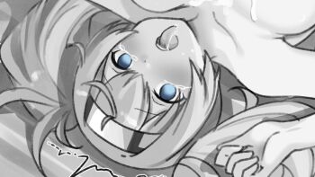 1girl ahegao ahoge arm_up arms_up blonde_hair blue_eyes blush breasts commentary_request drooling eckert&amp;eich empty_eyes gambier_bay_(kancolle) greyscale hair_between_eyes implied_sex kantai_collection monochrome multicolored_headband nude open_mouth spot_color suggestive_fluid tears tongue tongue_out twintails