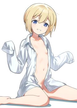 1girl absurdres barefoot blonde_hair blue_eyes breasts commentary erica_hartmann fankupl highres looking_at_viewer navel no_panties no_pants open_clothes shirt short_hair simple_background sitting small_breasts smile solo strike_witches symbol-only_commentary teeth white_background white_shirt world_witches_series