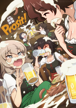 Rule 34 | 5girls, akaboshi koume, alcohol, alternate costume, beer, beer mug, black corset, breasts, cleavage, closed eyes, collarbone, corset, cup, dirndl, drinking, ehirorotoon, foam, foam mustache, food, german clothes, girls und panzer, glasses, green skirt, grey eyes, hida ema, highres, indoors, iruma anna, itsumi erika, katsuya megu, kojima emi, long hair, military vehicle, motor vehicle, mug, multiple girls, non-alcoholic beer, official alternate costume, oktoberfest, red skirt, round eyewear, sausage, shirt, short hair, skirt, slice of life, smile, tank, tiger i, toasting (gesture), white shirt