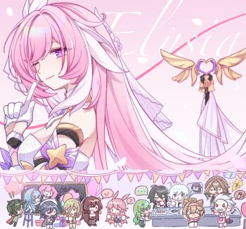 4boys 6+girls ;) animal_ears aponia birthday blonde_hair blue_hair brown_hair cat_ears cat_girl chalk_drawing chalkboard character_name chibi chinese_commentary commentary_request corset drawing_(action) drawing_(object) eden_(honkai_impact) elysia_(herrscher_of_human:_ego)_(honkai_impact) elysia_(honkai_impact) fox_ears fox_girl fu_hua gloves green_hair grey_hair griseo griseo_(starry_impression) happy_birthday highres honkai_(series) honkai_impact_3rd kalpas_(honkai_impact) kevin_kaslana kosma long_hair mask mask_on_head mobius_(honkai_impact) multicolored_hair multiple_boys multiple_girls one_eye_closed pardofelis pink_hair smile su_(honkai_impact) thirteen_flame-chasers_(honkai_impact) two-tone_hair very_long_hair vill-v white_corset white_gloves white_hair yae_sakura yinanhuahua