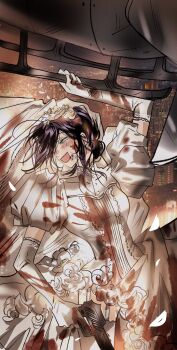 1girl aircraft blood blood_on_clothes blood_on_face blush breasts bridal_veil bride busuttt chainsaw_man dress elbow_gloves gloves gun hair_over_one_eye hanging helicopter highres holding holding_gun holding_weapon medium_breasts medium_hair open_mouth puffy_short_sleeves puffy_sleeves purple_hair reze_(chainsaw_man) short_sleeves smile solo upper_body veil weapon wedding_dress white_dress white_gloves