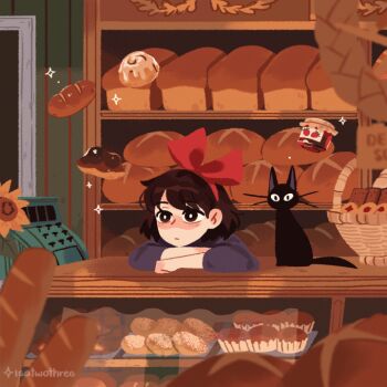 1girl animated animated_gif artist_name bakery basket black_cat blinking bow_hairband bread cash_register cat cinnamon_roll commentary counter english_commentary floating floating_object flower food hairband isatwothree jiji_(majo_no_takkyuubin) kiki_(majo_no_takkyuubin) looping_animation majo_no_takkyuubin muffin red_hairband shelf shop sunflower
