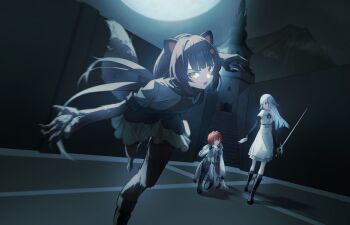 3girls absurdres ange_katrina animal_ears black_boots blue_hair blunt_bangs blunt_ends body_fur boots breasts brown_fur brown_hair coat commentary_request dog_ears dog_girl dog_tail dress furry furry_female grey_coat grey_dress hair_intakes hair_ornament heterochromia highres holding holding_sword holding_weapon incoming_attack inui_toko layered_sleeves lize_helesta long_hair looking_at_viewer moon moonlight motion_blur mountain multicolored_hair multiple_girls night nijisanji official_alternate_costume on_one_knee open_mouth outdoors page_of_lambda red_eyes red_hair running sanbaka_(nijisanji) sharp_teeth short_dress short_hair small_breasts streaked_hair sword tail teeth torn_clothes two-tone_hair umeboshi_(ume_uru) v-shaped_eyebrows very_long_hair virtual_youtuber weapon white_dress white_hair yellow_eyes