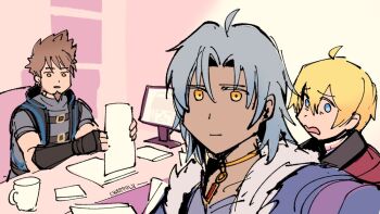 3boys alvis_(xenoblade) beard blonde_hair brown_hair cheppo dark-skinned_male dark_skin divorce_selfie_(meme) facial_hair goatee grey_hair jacket meme multiple_boys rex_(xenoblade) selfie shulk_(xenoblade) sitting spoilers xenoblade_chronicles_(series) xenoblade_chronicles_1 xenoblade_chronicles_2 xenoblade_chronicles_3 yellow_eyes