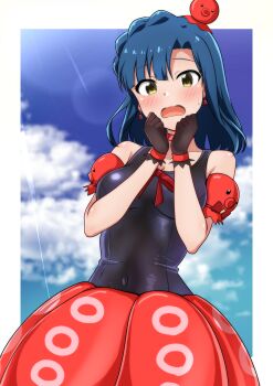 1girl absurdres black_gloves blue_hair blue_one-piece_swimsuit blue_sky braid breasts cloud commentary_request cowboy_shot crown_braid gloves highres idolmaster idolmaster_million_live! looking_at_viewer medium_breasts mimiu_p nanao_yuriko octopus old_school_swimsuit one-piece_swimsuit open_mouth red_skirt school_swimsuit skirt sky solo swimsuit swimsuit_under_clothes wavy_mouth yellow_eyes