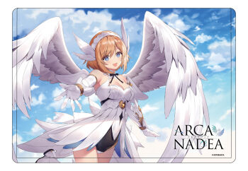 1girl :d angel_wings arcanadea blonde_hair blue_eyes bob_cut breasts cleavage copyright_logo detached_collar elbow_gloves feather_hair_ornament feather_skirt feathers gloves hair_ornament hairband key_visual kotobukiya logo lumitea necomi off-shoulder_leotard official_art open_mouth outstretched_arm outstretched_hand promotional_art second-party_source skirt smile solo white_skirt wings