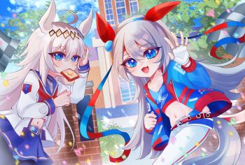 2girls ahoge animal_ears belt black_leggings black_pantyhose blue_eyes blue_hairband blue_jacket blue_sailor_collar blue_sky blue_sports_bra blush bread bread_slice brooch building butter cloud commentary confetti crop_top ear_covers ear_ornament english_commentary fang fingerless_gloves food food_in_mouth gloves grey_hair grey_tail hair_between_eyes hair_ornament hairband headband highres horse_ears horse_girl horse_tail jacket jewelry leggings lightning_bolt_print lightning_bolt_symbol long_hair long_sleeves looking_at_viewer midriff mirinaechou mouth_hold multicolored_hair multiple_girls navel neckerchief oguri_cap_(starlight_beat)_(umamusume) oguri_cap_(umamusume) open_mouth outdoors pants pantyhose pleated_skirt red_belt red_headband red_neckerchief sailor_collar shirt skirt sky smile sports_bra star_brooch striped_clothes striped_hairband tail tamamo_cross_(umamusume) tamamo_cross_(with_lightning_speed)_(umamusume) toast toast_in_mouth tree umamusume very_long_hair waving white_gloves white_jacket white_pants white_shirt