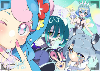 4girls aqua_eyes aqua_hair bare_shoulders blue_nails blush closed_mouth collarbone commentary_request commission dress fairy_miku_(project_voltage) fingernails flower flying_miku_(project_voltage) ghost_girl ghost_miku_(project_voltage) glitch gloves green_hair hair_between_eyes hair_flower hair_ornament hatsune_miku heart heart_in_eye highres homi28 long_hair looking_at_viewer multiple_girls multiple_persona nail_polish nintendo official_alternate_costume official_alternate_hairstyle one_eye_closed open_mouth pink_hair pink_nails pokemon prince project_voltage red_flower rock_miku_(project_voltage) signature skeb_commission sleeves_past_fingers sleeves_past_wrists smile strapless strapless_dress symbol_in_eye twintails twitter_username upper_body v veil very_long_hair vocaloid white_gloves white_veil yellow_eyes yellow_flower