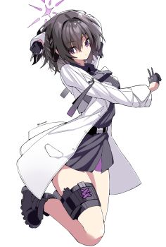 1girl absurdres black_boots black_gloves blue_archive boots brown_hair gloves grey_necktie grey_shirt grey_skirt grey_vest hair_between_eyes halo highres kayoupii lab_coat medium_hair necktie purple_eyes purple_halo shirt simple_background skirt solo subaru_(blue_archive) thighs vest white_background