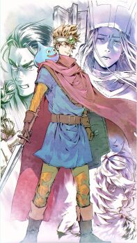 4boys blue_tunic boots braid brown_boots brown_gloves circlet clenched_teeth cloak creature creature_on_shoulder dragon_quest dragon_quest_iii earrings fur_collar furrowed_brow gem gloves green_gem green_pants hair_between_eyes hat hero_(dq3) highres holding holding_shield holding_staff holding_sword holding_weapon jewelry long_hair male_focus martial_artist_(dq3) mitre monster_wrangler_(dq3) multiple_boys on_shoulder open_mouth pants parted_lips priest_(dq3) red_cloak roto_(dq3) shield shirt short_hair single_braid slime_(dragon_quest) smile staff sun_lett_zatta sword teeth tunic weapon yellow_shirt