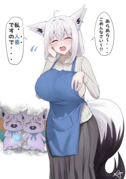 absurdres ahoge alternate_breast_size_(larger) alternate_costume anger_vein animal_ear_fluff animal_ear_piercing animal_ears apron blue_apron blush breasts closed_eyes commentary_request earrings fox_ears fox_girl fox_tail hair_between_eyes highres hololive huge_breasts jewelry long_hair long_sleeves looking_at_viewer mature_female naruto_(series) nervous_sweating open_mouth pentagram rasengan ring shirakami_fubuki simple_background single_earring speech_bubble sukonbu_(shirakami_fubuki) sweat sweater tail tks_rkgk translation_request turtleneck turtleneck_sweater virtual_youtuber wedding_ring white_hair