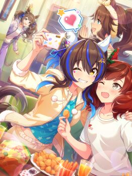 4girls absurdres ace_(playing_card) ace_of_clubs animal_ear_piercing aqua_eyes aqua_shirt arm_around_neck artist_request bag_of_chips black_bow blue_bow blue_hair book bookshelf bow bow_hairband bow_print brown_hair card carrot_sticks casual ceiling_light cellphone chips_(food) club_(shape) colored_inner_hair couch cowboy_shot cup daitaku_helios_(umamusume) doorway dot_nose drinking_glass ear_covers earrings facial_tattoo fingernails floating_clothes food fur_hairband game_cg green_bow green_eyes grin hair_between_eyes hair_bow hair_ornament hair_over_shoulder hair_tie hairband hairclip hand_on_another&#039;s_shoulder happy heart highres holding holding_food holding_phone hood hood_down hooded_jacket horse_tail horseshoe indoors jacket jewelry juice light_blush light_particles living_room looking_at_another low_twintails mejiro_palmer_(umamusume) midriff_peek multicolored_hair multiple_girls multiple_hair_bows multiple_piercings nice_nature_(umamusume) official_art one_eye_closed open_clothes open_jacket orange_juice painting_(object) pants party phone plate playing_card pom_pom_(clothes) ponytail potato_chips purple_jacket purple_pants red_hair selfie shirt short_twintails shorts single_earring smartphone smile sparkle spoken_heart standing star_(symbol) star_hair_ornament star_tattoo streaked_hair surprised sweatpants t-shirt table tail tan tareme tattoo tosen_jordan_(umamusume) triangle_print twintails two-tone_hair umamusume wavy_hair white_shirt white_shorts yellow_bow yellow_eyes yellow_hairband yellow_jacket