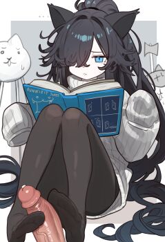 ... 1girl absurdres animal_ears axe_cat_(nyanko_daisensou) black_hair black_pantyhose blue_eyes book cat_ears cat_girl closed_mouth ebora feet flipped_hair footjob footjob_with_legwear gross_cat_(nyanko_daisensou) hair_over_one_eye highres kasli_(nyanko_daisensou) knees_up legs long_hair long_sleeves loss_(meme) meme no_shoes nyanko_daisensou one_eye_covered open_book pantyhose penis sitting sleeves_past_fingers sleeves_past_wrists soles solo sweater toe_seam toes two-footed_footjob uncensored very_long_hair white_sweater