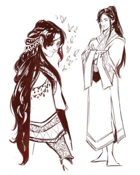 alifreeart asymmetrical_bangs black_eyes black_hair bracer bug butterfly chinese_clothes closed_mouth commentary crossed_arms earrings english_commentary eyepatch full_body hair_ornament hair_over_one_eye hanfu high_ponytail highres hua_cheng insect jewelry long_hair long_sleeves male_focus monochrome multiple_views one_eye_covered ornate_clothes ponytail red_theme san_lang sash simple_background smile smirk standing tianguan_cifu upper_body very_long_hair white_background wide_sleeves yuanlingpao