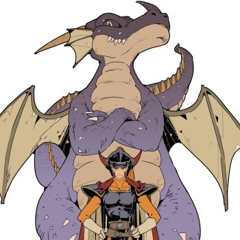 Rule 34 | 1boy, armor, belt, black tunic, bodysuit, brown belt, cape, closed mouth, d d work, dragon, dragon quest, dragon quest i, fake horns, gloves, hands on own hips, hashtag-only commentary, helmet, hero (dq1), highres, horned helmet, horns, imitating, male focus, orange bodysuit, plume, red cape, shoulder armor, tunic, two-sided cape, two-sided fabric, upper body, white background, white cape, white gloves