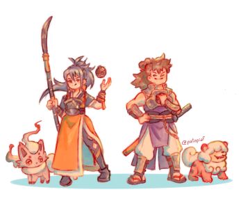 1boy 1girl 2others armor blue_hair brown_hair closed_mouth commentary crossover english_commentary fire_emblem fire_emblem_fates high_ponytail highres hinata_(fire_emblem) hisuian_growlithe hisuian_zorua holding holding_polearm holding_weapon japanese_armor japanese_clothes multiple_others naginata nintendo oboro_(fire_emblem) patapiaf poke_ball pokemon pokemon_(creature) polearm ponytail smile standing weapon