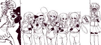 6+girls absurdres airhorn ammunition animal_ears apron blue_eyes bodysuit bow bracken_(lethal_company) braid breasts capelet closed_mouth coil coil-head_(lethal_company) commentary cosplay crossover detached_sleeves double-barreled_shotgun dual_wielding english_commentary entity_(lethal_company) extra_ears flashlight flashlight_beam frilled_apron frilled_bow frills frog_hair_ornament frown gloves green_eyes gun hair_between_eyes hair_bow hair_ornament hair_tubes hairband hakurei_reimu hat hat_bow heart heart_hair_ornament highres holding holding_gun holding_knife holding_sign holding_weapon izayoi_sakuya kirisame_marisa knife kochiya_sanae komeiji_koishi komeiji_satori konpaku_youmu konpaku_youmu_(ghost) lethal_company limited_palette long_hair looking_at_another m84_stun_grenade multiple_girls nutcracker_(lethal_company) open_mouth peeking_out rampa93 red_eyes road_sign running sekibanki short_hair shotgun sign single_braid skirt snake snake_hair_ornament sparkling_eyes standing stop_sign touhou twin_braids waist_apron weapon worker_(lethal_company) worker_(lethal_company)_(cosplay) yellow_eyes